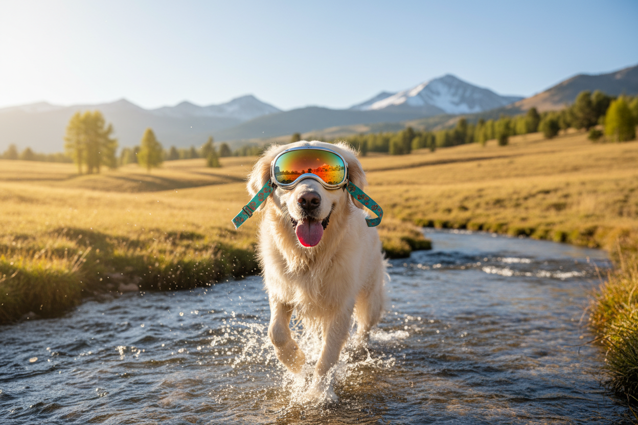 Happy albino dog wearing protective goggles
